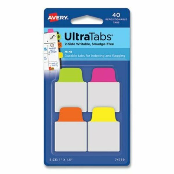 Avery Dennison Avery, ULTRA TABS REPOSITIONABLE MINI TABS, 1/5-CUT TABS, ASSORTED NEON, 1in WIDE, 40PK 74759